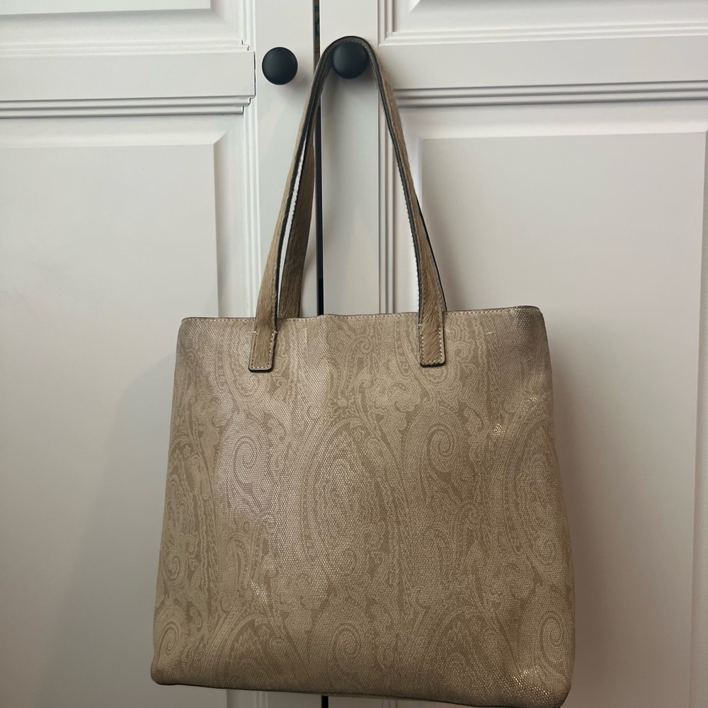 Etro Tote Bag Logo All-Over Pattern Paisley Harako Beige W/Calf Hair handles